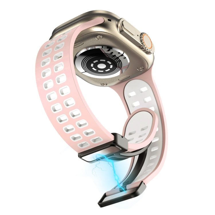 Magnetic Fold Clasp Square Holes Silicone Watch Band For Apple Watch Series 9&8&7 41mm / SE 3&SE 2&6&SE&5&4 40mm / 3&2&1 38mm(Pink White) by bashfashion