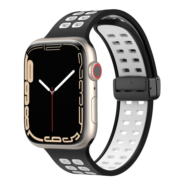 Magnetic Fold Clasp Square Holes Silicone Watch Band For Apple Watch Series 9&8&7 41mm / SE 3&SE 2&6&SE&5&4 40mm / 3&2&1 38mm(Black White) by bashfashion