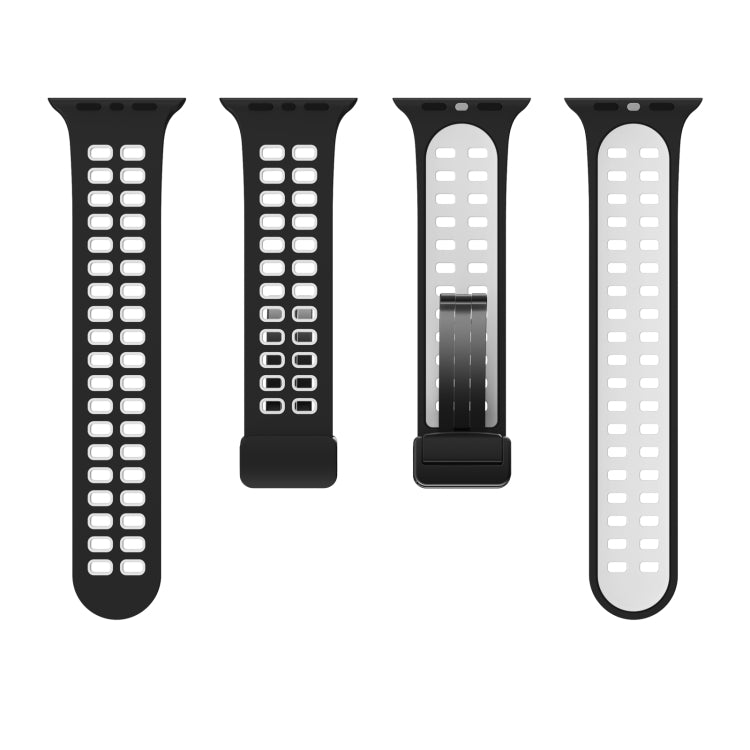 Magnetic Fold Clasp Square Holes Silicone Watch Band For Apple Watch Series 9&8&7 41mm / SE 3&SE 2&6&SE&5&4 40mm / 3&2&1 38mm(Black White) by bashfashion