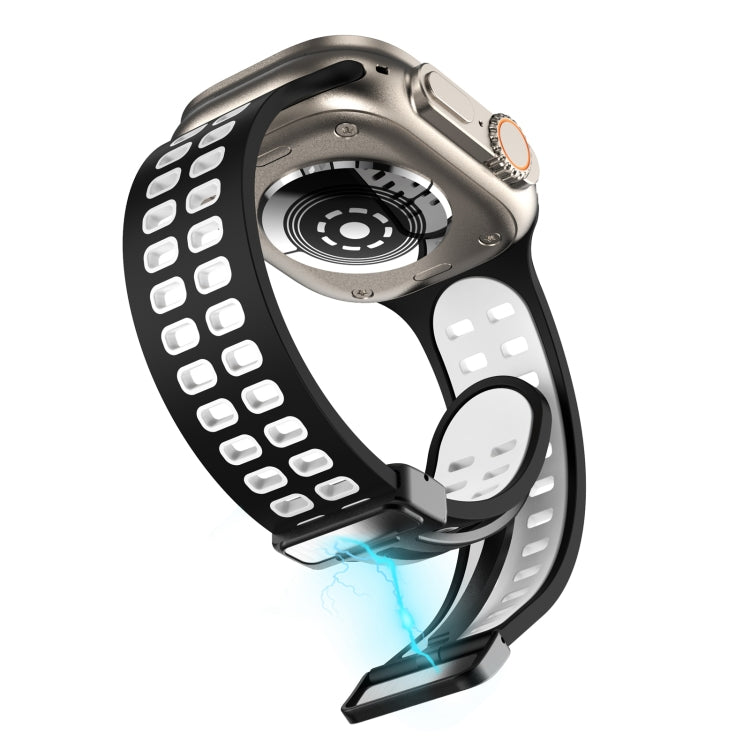 Magnetic Fold Clasp Square Holes Silicone Watch Band For Apple Watch Series 9&8&7 41mm / SE 3&SE 2&6&SE&5&4 40mm / 3&2&1 38mm(Black White) by bashfashion