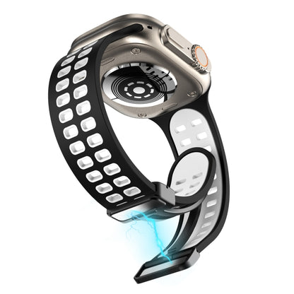 Magnetic Fold Clasp Square Holes Silicone Watch Band For Apple Watch Series 9&8&7 41mm / SE 3&SE 2&6&SE&5&4 40mm / 3&2&1 38mm(Black White) by bashfashion