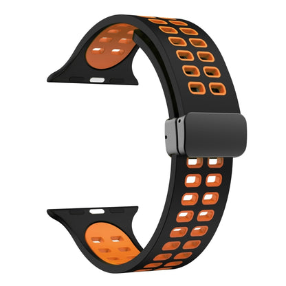 Magnetic Fold Clasp Square Holes Silicone Watch Band For Apple Watch Series 9&8&7 41mm / SE 3&SE 2&6&SE&5&4 40mm / 3&2&1 38mm(Black Orange) by bashfashion