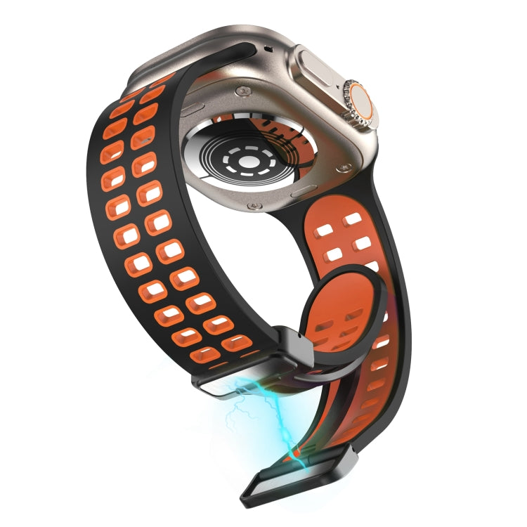 Magnetic Fold Clasp Square Holes Silicone Watch Band For Apple Watch Series 9&8&7 41mm / SE 3&SE 2&6&SE&5&4 40mm / 3&2&1 38mm(Black Orange) by bashfashion