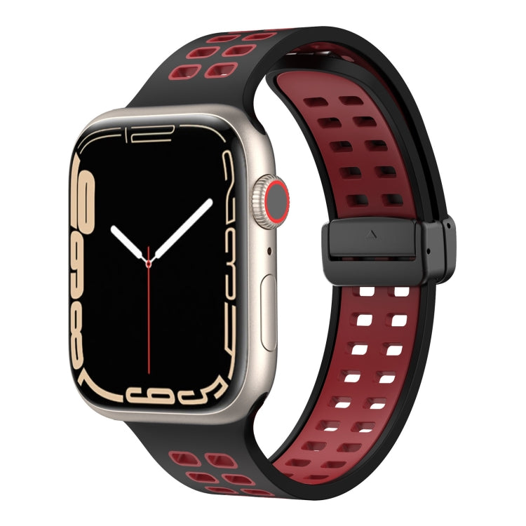 Magnetic Fold Clasp Square Holes Silicone Watch Band For Apple Watch Series 9&8&7 41mm / SE 3&SE 2&6&SE&5&4 40mm / 3&2&1 38mm(Black Red) by bashfashion