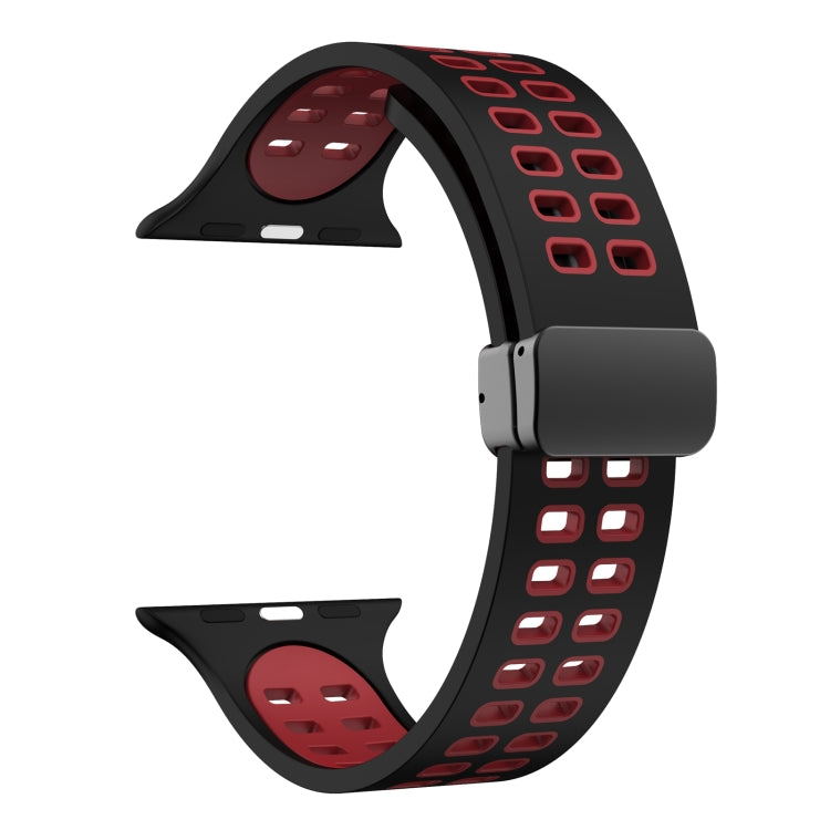 Magnetic Fold Clasp Square Holes Silicone Watch Band For Apple Watch Series 9&8&7 41mm / SE 3&SE 2&6&SE&5&4 40mm / 3&2&1 38mm(Black Red) by bashfashion