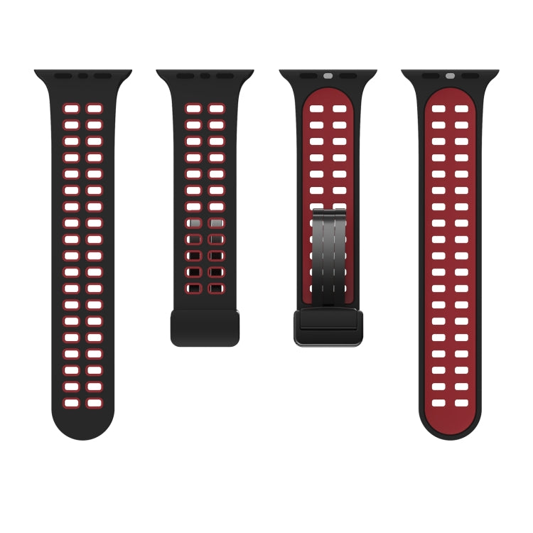 Magnetic Fold Clasp Square Holes Silicone Watch Band For Apple Watch Series 9&8&7 41mm / SE 3&SE 2&6&SE&5&4 40mm / 3&2&1 38mm(Black Red) by bashfashion