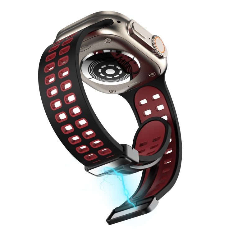 Magnetic Fold Clasp Square Holes Silicone Watch Band For Apple Watch Series 9&8&7 41mm / SE 3&SE 2&6&SE&5&4 40mm / 3&2&1 38mm(Black Red) by bashfashion