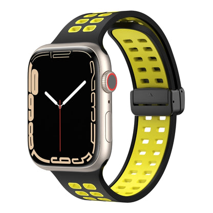 Magnetic Fold Clasp Square Holes Silicone Watch Band For Apple Watch Series 9&8&7 41mm / SE 3&SE 2&6&SE&5&4 40mm / 3&2&1 38mm(Black Yellow) by bashfashion