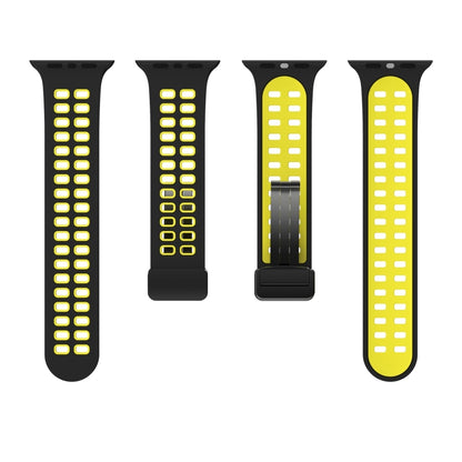 Magnetic Fold Clasp Square Holes Silicone Watch Band For Apple Watch Series 9&8&7 41mm / SE 3&SE 2&6&SE&5&4 40mm / 3&2&1 38mm(Black Yellow) by bashfashion