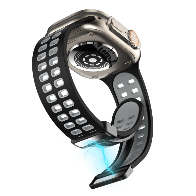 Magnetic Fold Clasp Square Holes Silicone Watch Band For Apple Watch Series 9&8&7 41mm / SE 3&SE 2&6&SE&5&4 40mm / 3&2&1 38mm(Black Grey) by bashfashion