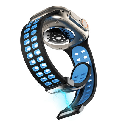 Magnetic Fold Clasp Square Holes Silicone Watch Band For Apple Watch Series 9&8&7 41mm / SE 3&SE 2&6&SE&5&4 40mm / 3&2&1 38mm(Black Sky Blue) by bashfashion