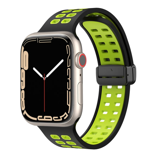 Magnetic Fold Clasp Square Holes Silicone Watch Band For Apple Watch Series 9&8&7 41mm / SE 3&SE 2&6&SE&5&4 40mm / 3&2&1 38mm(Black Fluorescent Green) by bashfashion