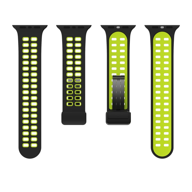 Magnetic Fold Clasp Square Holes Silicone Watch Band For Apple Watch Series 9&8&7 41mm / SE 3&SE 2&6&SE&5&4 40mm / 3&2&1 38mm(Black Fluorescent Green) by bashfashion