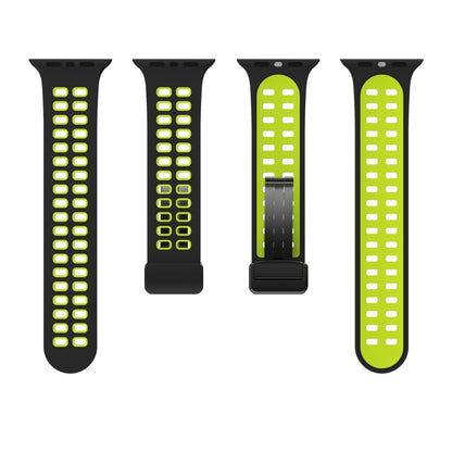 Magnetic Fold Clasp Square Holes Silicone Watch Band For Apple Watch Series 9&8&7 41mm / SE 3&SE 2&6&SE&5&4 40mm / 3&2&1 38mm(Black Fluorescent Green) by bashfashion