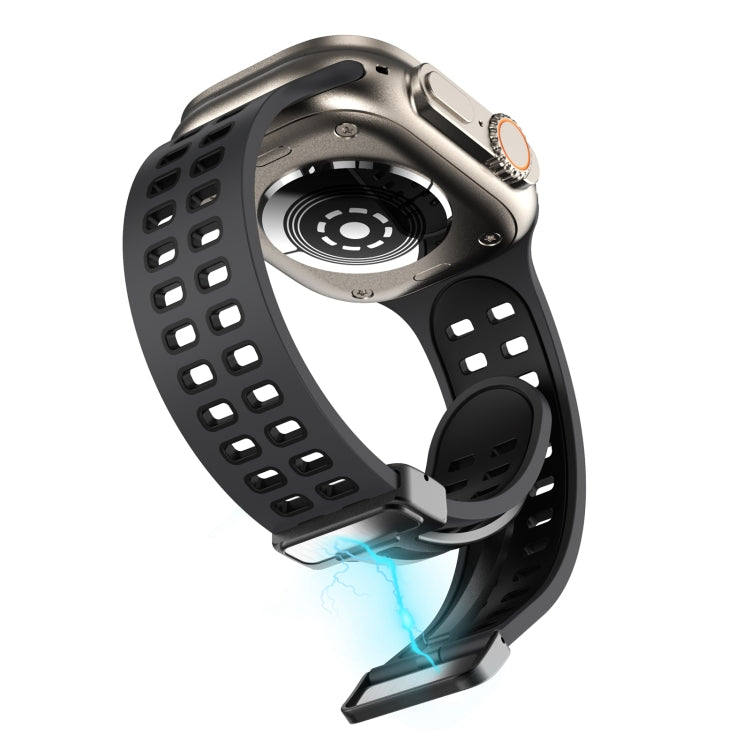 Magnetic Fold Clasp Square Holes Silicone Watch Band For Apple Watch Series 9&8&7 41mm / SE 3&SE 2&6&SE&5&4 40mm / 3&2&1 38mm(Coal Black) by bashfashion