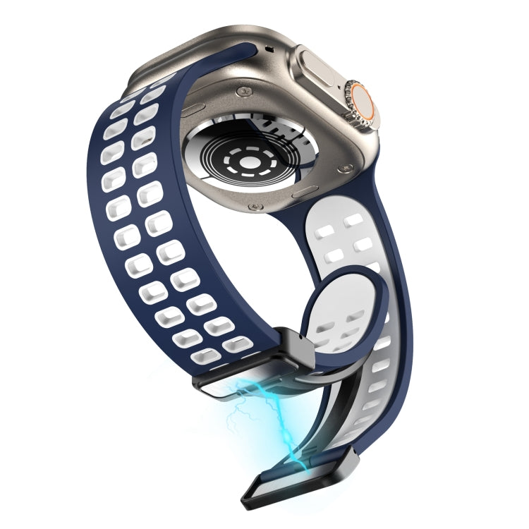 Magnetic Fold Clasp Square Holes Silicone Watch Band For Apple Watch Series 9&8&7 41mm / SE 3&SE 2&6&SE&5&4 40mm / 3&2&1 38mm(Dark Blue White) by bashfashion