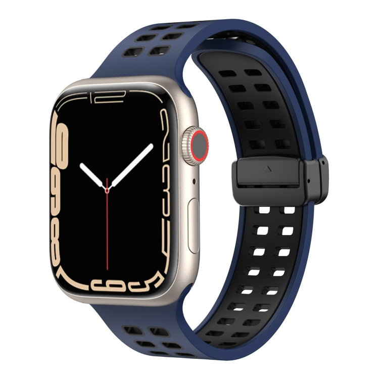 Magnetic Fold Clasp Square Holes Silicone Watch Band For Apple Watch Series 9&8&7 41mm / SE 3&SE 2&6&SE&5&4 40mm / 3&2&1 38mm(Dark Blue Black) by bashfashion
