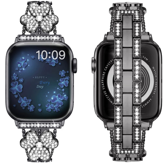 3-Leaf Clover Diamond Watch Band For Apple Watch Ultra 49mm&Watch Ultra 2 49mm / Series 9&8&7 45mm / SE 3&SE 2&6&SE&5&4 44mm / 3&2&1 42mm(Black) by bashfashion