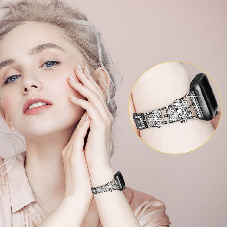 3-Leaf Clover Diamond Watch Band For Apple Watch Ultra 49mm&Watch Ultra 2 49mm / Series 9&8&7 45mm / SE 3&SE 2&6&SE&5&4 44mm / 3&2&1 42mm(Black) by bashfashion