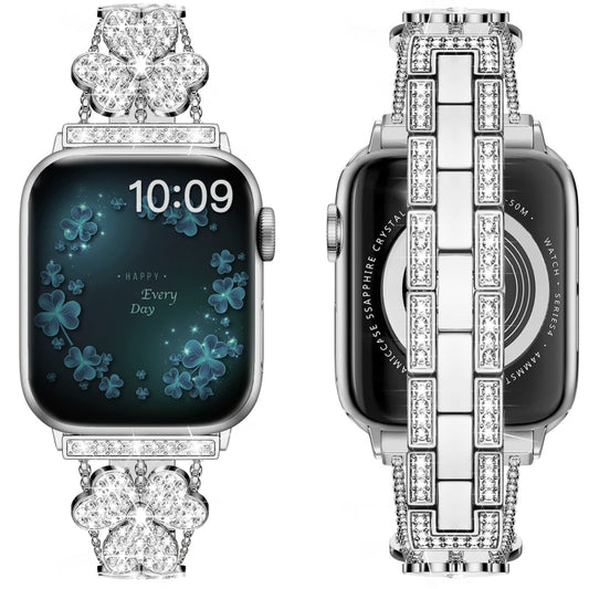3-Leaf Clover Diamond Watch Band For Apple Watch Ultra 49mm&Watch Ultra 2 49mm / Series 9&8&7 45mm / SE 3&SE 2&6&SE&5&4 44mm / 3&2&1 42mm(Silver) by bashfashion