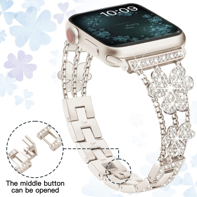 3-Leaf Clover Diamond Watch Band For Apple Watch Ultra 49mm&Watch Ultra 2 49mm / Series 9&8&7 45mm / SE 3&SE 2&6&SE&5&4 44mm / 3&2&1 42mm(Starlight) by bashfashion