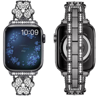 3-Leaf Clover Diamond Watch Band For Apple Watch Series 8&7 41mm / SE 2&6&SE&5&4 40mm / 3&2&1 38mm(Black) by bashfashion