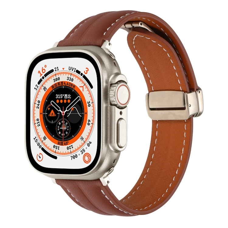 Folding Buckle Grooved Genuine Leather Watch Band For Apple Watch Ultra 49mm / Series 8&7 45mm / SE 2&6&SE&5&4 44mm / 3&2&1 42mm(Brown) by bashfashion
