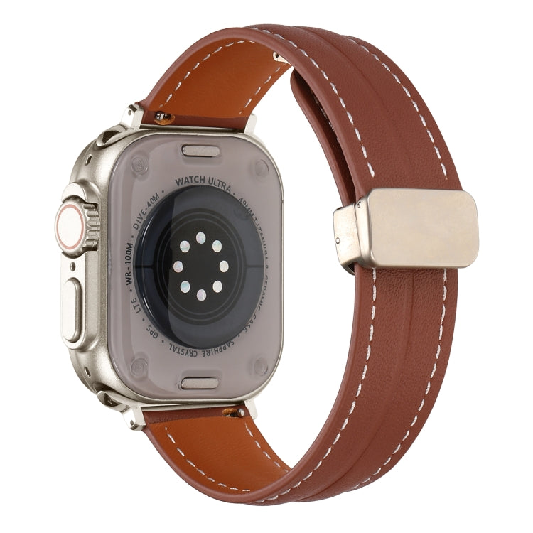 Folding Buckle Grooved Genuine Leather Watch Band For Apple Watch Ultra 49mm / Series 8&7 45mm / SE 2&6&SE&5&4 44mm / 3&2&1 42mm(Brown) by bashfashion