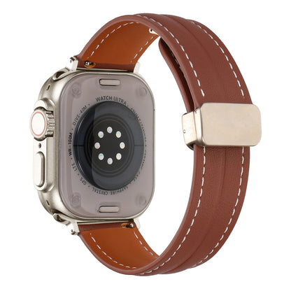 Folding Buckle Grooved Genuine Leather Watch Band For Apple Watch Ultra 49mm / Series 8&7 45mm / SE 2&6&SE&5&4 44mm / 3&2&1 42mm(Brown) by bashfashion