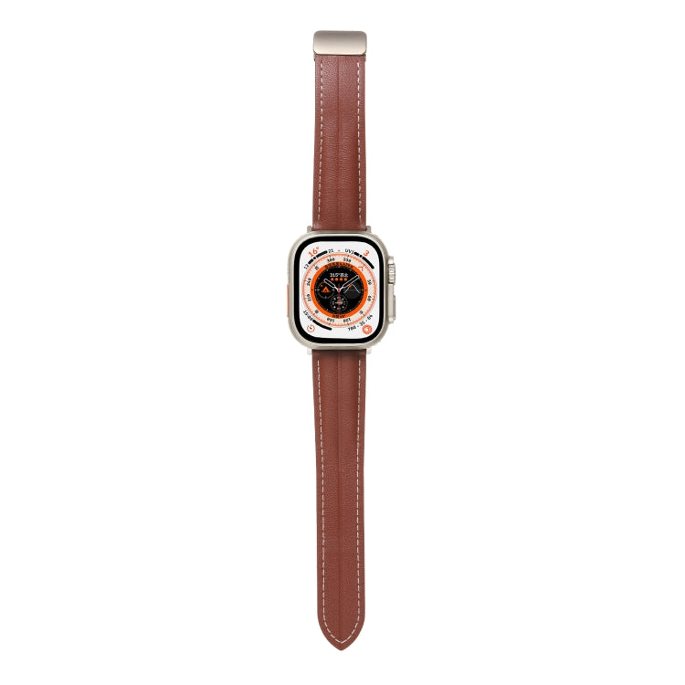 Folding Buckle Grooved Genuine Leather Watch Band For Apple Watch Ultra 49mm / Series 8&7 45mm / SE 2&6&SE&5&4 44mm / 3&2&1 42mm(Brown) by bashfashion