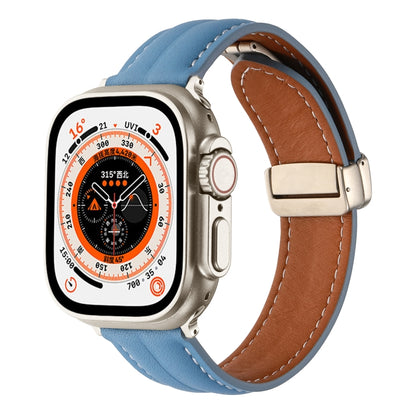 Folding Buckle Grooved Genuine Leather Watch Band For Apple Watch Ultra 49mm / Series 8&7 45mm / SE 2&6&SE&5&4 44mm / 3&2&1 42mm(Blue) by bashfashion