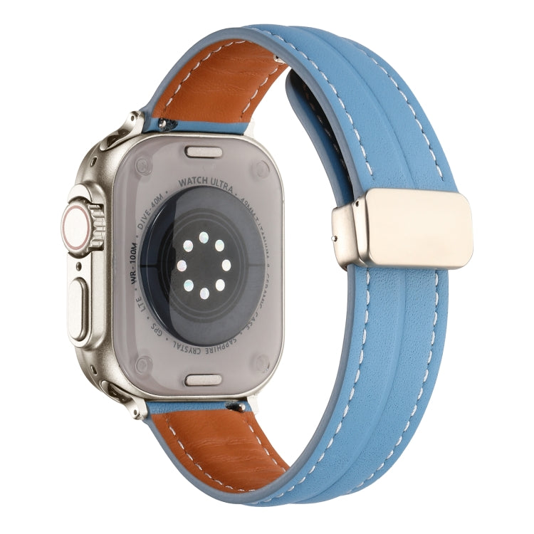 Folding Buckle Grooved Genuine Leather Watch Band For Apple Watch Ultra 49mm / Series 8&7 45mm / SE 2&6&SE&5&4 44mm / 3&2&1 42mm(Blue) by bashfashion