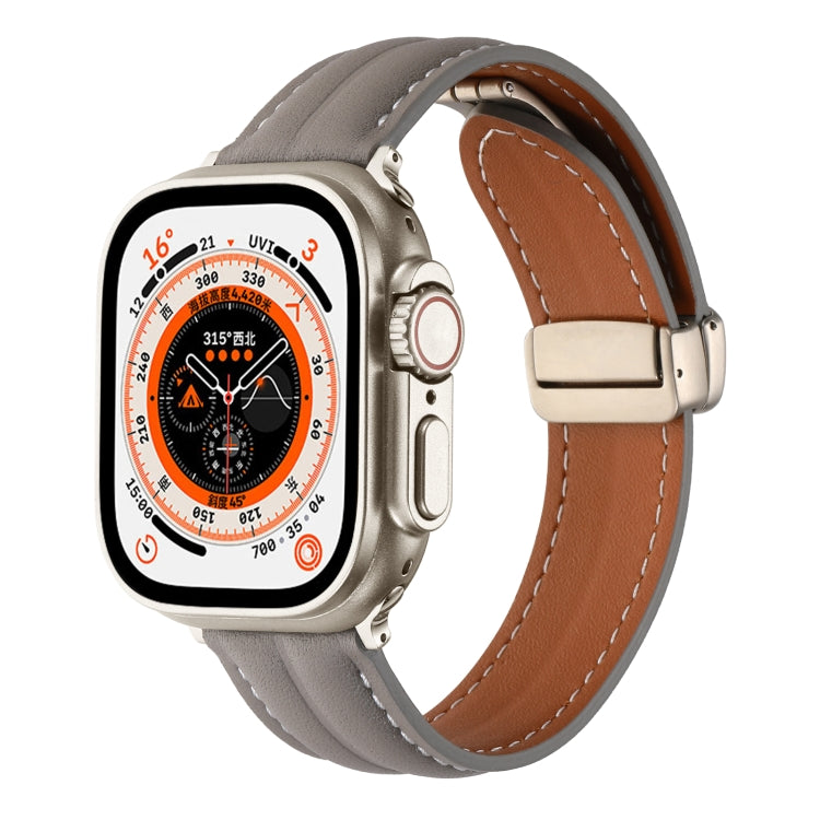 Folding Buckle Grooved Genuine Leather Watch Band For Apple Watch Ultra 49mm / Series 8&7 45mm / SE 2&6&SE&5&4 44mm / 3&2&1 42mm(Grey) by bashfashion