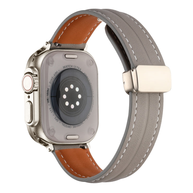 Folding Buckle Grooved Genuine Leather Watch Band For Apple Watch Ultra 49mm / Series 8&7 45mm / SE 2&6&SE&5&4 44mm / 3&2&1 42mm(Grey) by bashfashion