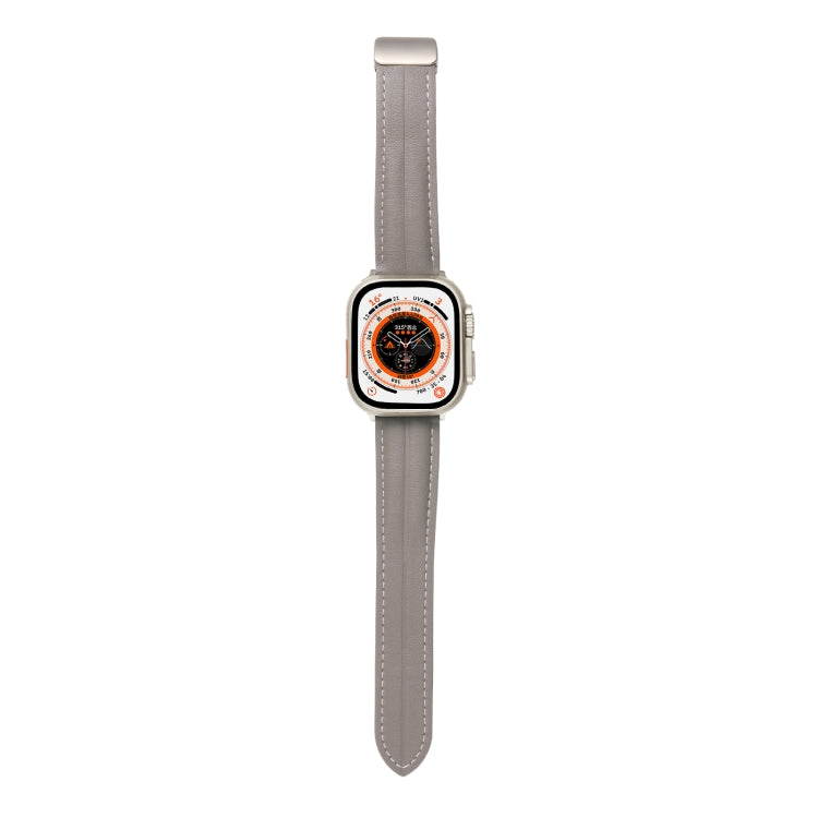 Folding Buckle Grooved Genuine Leather Watch Band For Apple Watch Ultra 49mm / Series 8&7 45mm / SE 2&6&SE&5&4 44mm / 3&2&1 42mm(Grey) by bashfashion