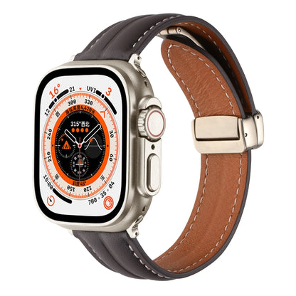 Folding Buckle Grooved Genuine Leather Watch Band For Apple Watch Ultra 49mm / Series 8&7 45mm / SE 2&6&SE&5&4 44mm / 3&2&1 42mm(Coffee) by bashfashion