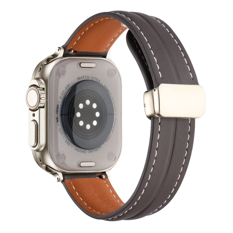 Folding Buckle Grooved Genuine Leather Watch Band For Apple Watch Ultra 49mm / Series 8&7 45mm / SE 2&6&SE&5&4 44mm / 3&2&1 42mm(Coffee) by bashfashion