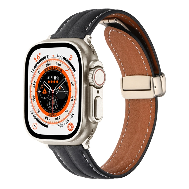 Folding Buckle Grooved Genuine Leather Watch Band For Apple Watch Ultra 49mm / Series 8&7 45mm / SE 2&6&SE&5&4 44mm / 3&2&1 42mm(Black) by bashfashion