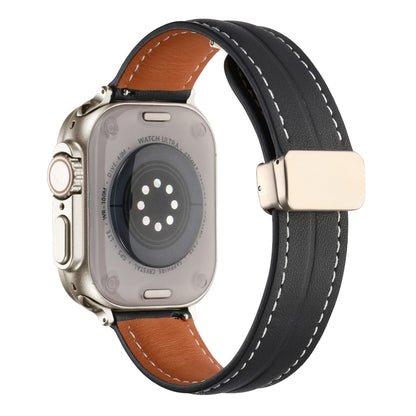 Folding Buckle Grooved Genuine Leather Watch Band For Apple Watch Ultra 49mm / Series 8&7 45mm / SE 2&6&SE&5&4 44mm / 3&2&1 42mm(Black) by bashfashion