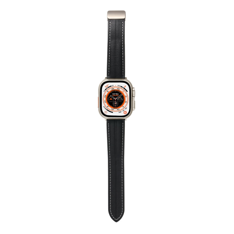 Folding Buckle Grooved Genuine Leather Watch Band For Apple Watch Ultra 49mm / Series 8&7 45mm / SE 2&6&SE&5&4 44mm / 3&2&1 42mm(Black) by bashfashion