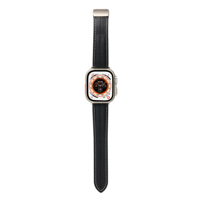 Folding Buckle Grooved Genuine Leather Watch Band For Apple Watch Ultra 49mm / Series 8&7 45mm / SE 2&6&SE&5&4 44mm / 3&2&1 42mm(Black) by bashfashion