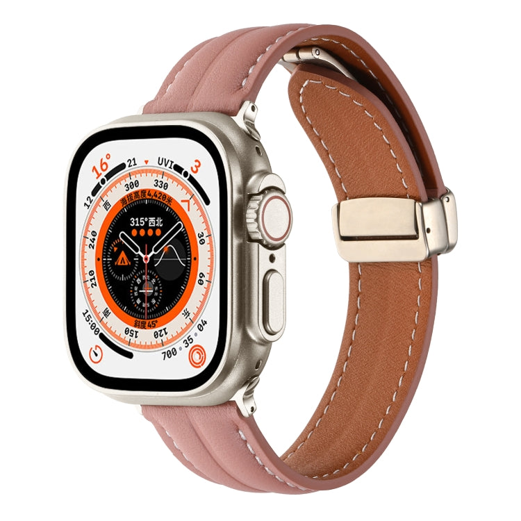 Folding Buckle Grooved Genuine Leather Watch Band For Apple Watch Ultra 49mm / Series 8&7 45mm / SE 2&6&SE&5&4 44mm / 3&2&1 42mm(Dark Pink) by bashfashion