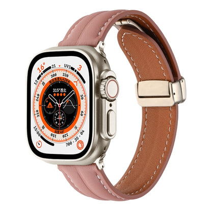 Folding Buckle Grooved Genuine Leather Watch Band For Apple Watch Ultra 49mm / Series 8&7 45mm / SE 2&6&SE&5&4 44mm / 3&2&1 42mm(Dark Pink) by bashfashion