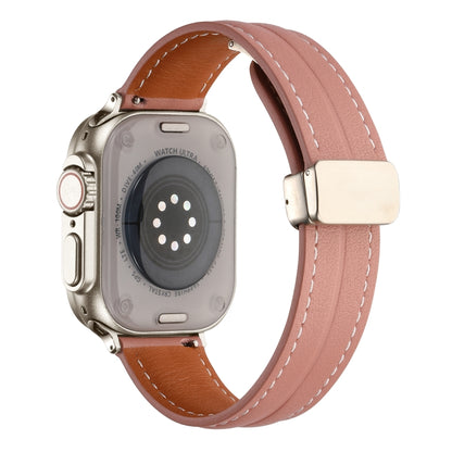 Folding Buckle Grooved Genuine Leather Watch Band For Apple Watch Ultra 49mm / Series 8&7 45mm / SE 2&6&SE&5&4 44mm / 3&2&1 42mm(Dark Pink) by bashfashion