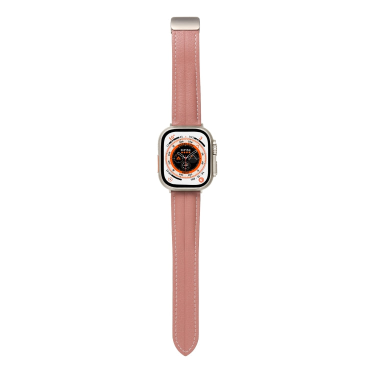 Folding Buckle Grooved Genuine Leather Watch Band For Apple Watch Ultra 49mm / Series 8&7 45mm / SE 2&6&SE&5&4 44mm / 3&2&1 42mm(Dark Pink) by bashfashion