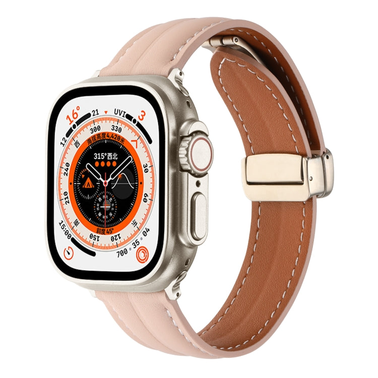 Folding Buckle Grooved Genuine Leather Watch Band For Apple Watch Ultra 49mm / Series 8&7 45mm / SE 2&6&SE&5&4 44mm / 3&2&1 42mm(Light Pink) by bashfashion