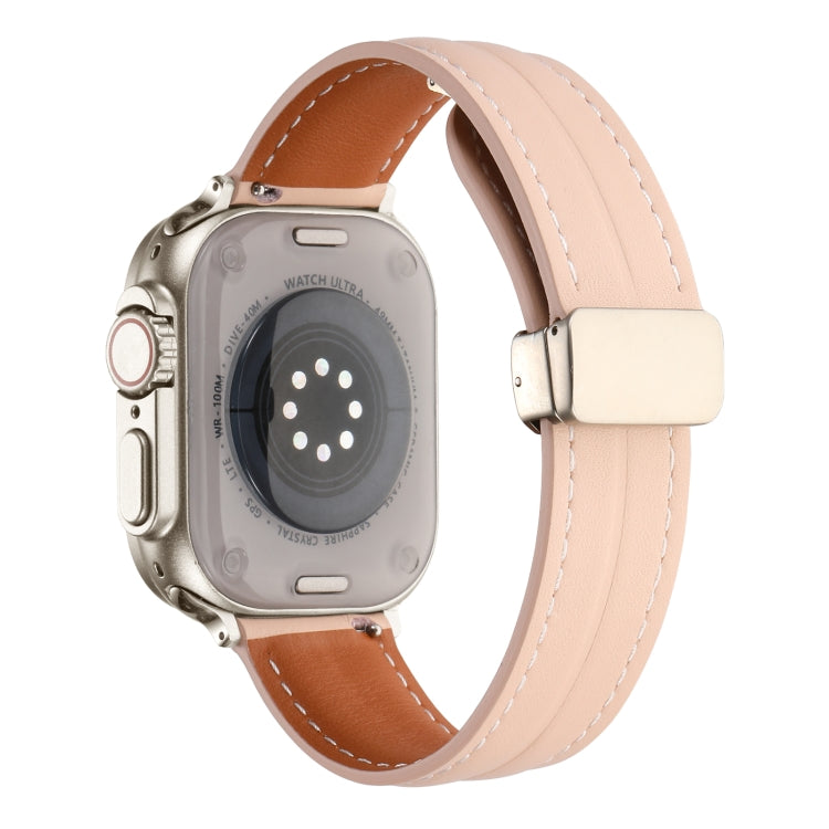 Folding Buckle Grooved Genuine Leather Watch Band For Apple Watch Ultra 49mm / Series 8&7 45mm / SE 2&6&SE&5&4 44mm / 3&2&1 42mm(Light Pink) by bashfashion