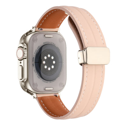 Folding Buckle Grooved Genuine Leather Watch Band For Apple Watch Ultra 49mm / Series 8&7 45mm / SE 2&6&SE&5&4 44mm / 3&2&1 42mm(Light Pink) by bashfashion