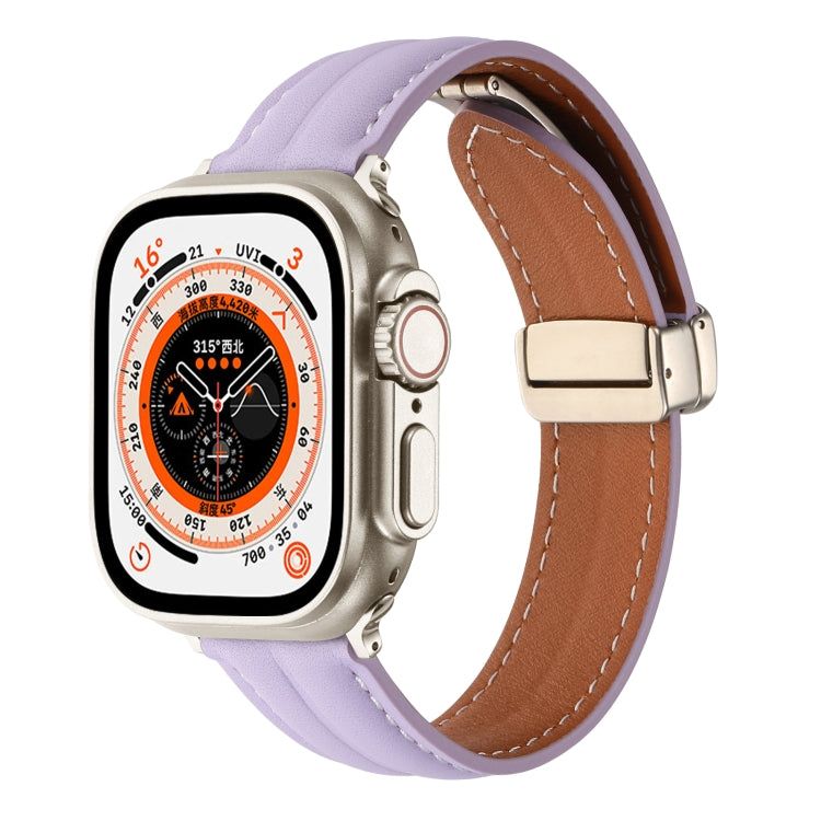 Folding Buckle Grooved Genuine Leather Watch Band For Apple Watch Ultra 49mm / Series 8&7 45mm / SE 2&6&SE&5&4 44mm / 3&2&1 42mm(Purple) by bashfashion