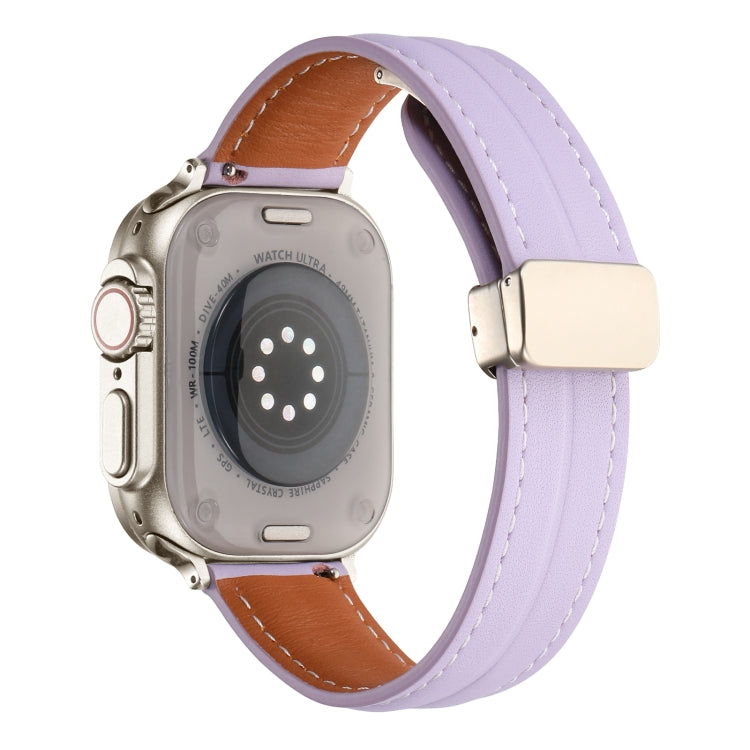 Folding Buckle Grooved Genuine Leather Watch Band For Apple Watch Ultra 49mm / Series 8&7 45mm / SE 2&6&SE&5&4 44mm / 3&2&1 42mm(Purple) by bashfashion